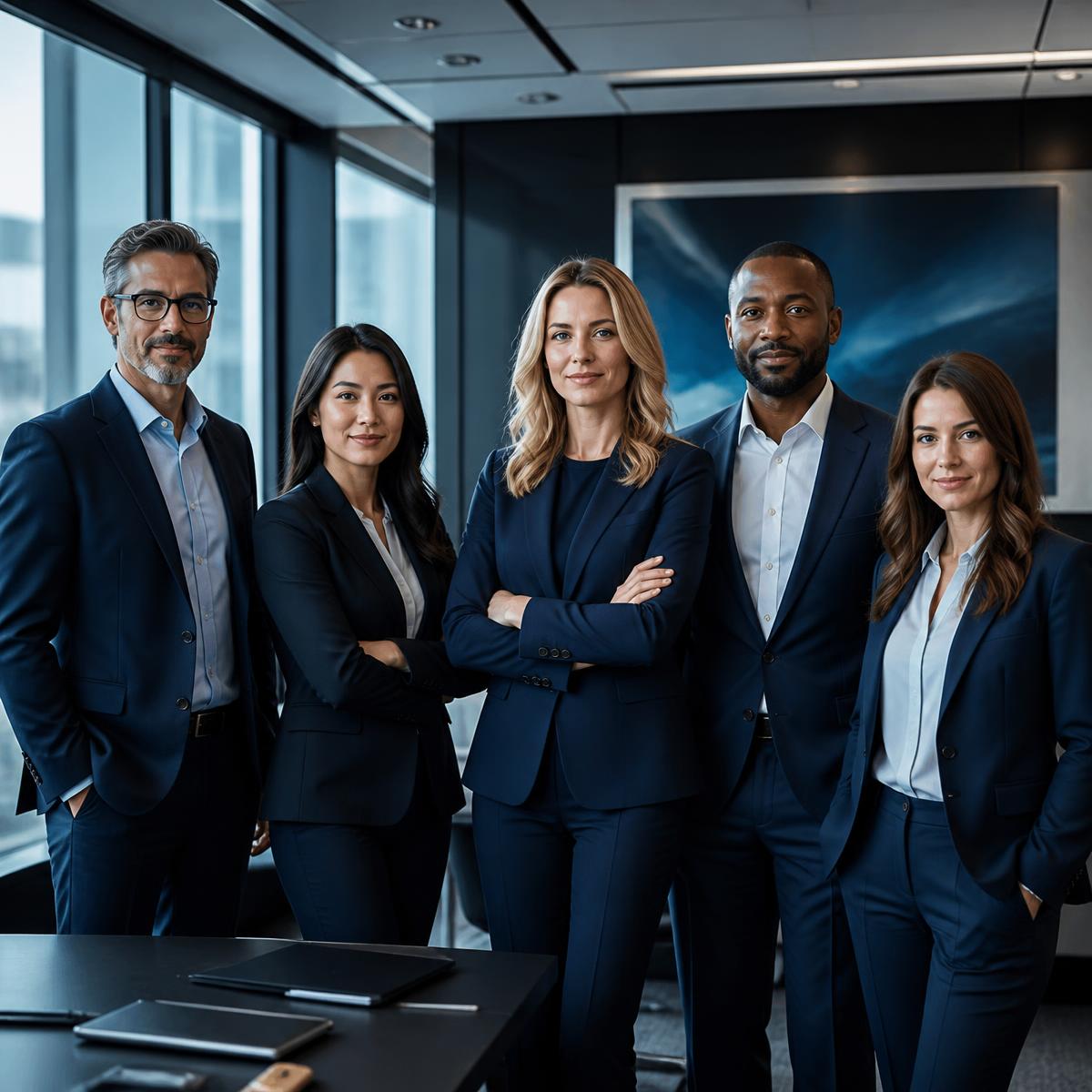 Corporate workforce team standing together in a boardroom